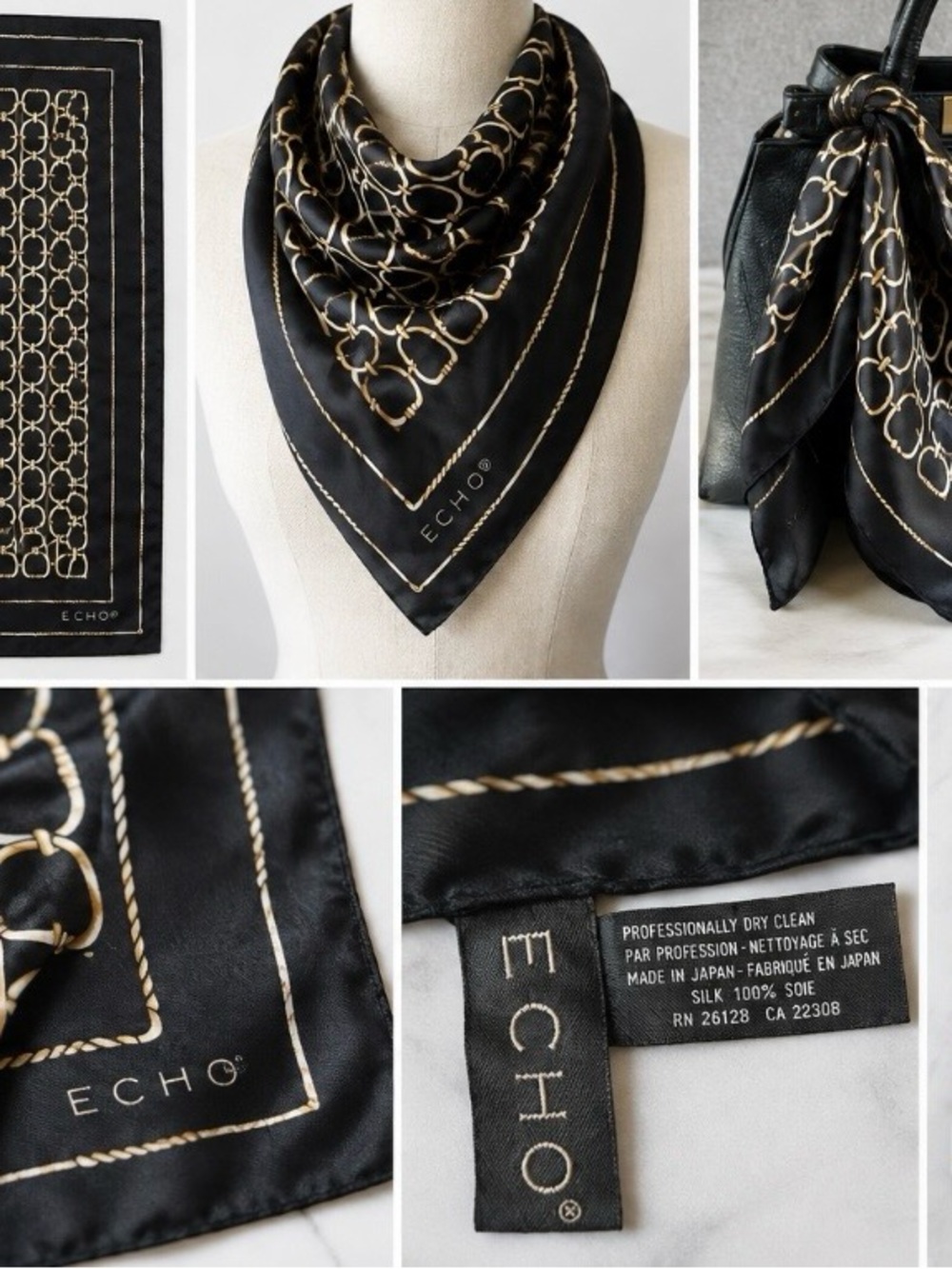 Vintage ECHO 100% Silk Black and Gold Chain Print Made In Japan 20x20